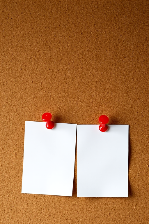 Create a high-resolution close-up image of two sheets of paper pinned to a corkboard with red pushpins, use a DSLR camera with a 50mm lens, aperture set to f/2.8 for a shallow depth of field, ISO 100 for clarity, and natural light for a soft and inviting look.