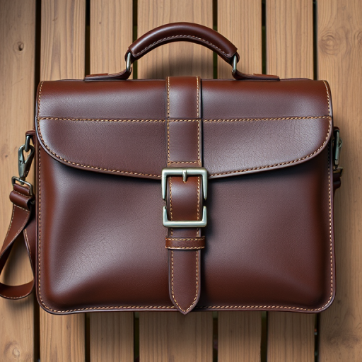 Create a high-resolution image of a stylish leather briefcase with a sleek buckle, captured from a top-down angle using a DSLR camera at f/2.8 aperture, ISO 100, 50mm lens, in bright daylight to enhance details and textures.