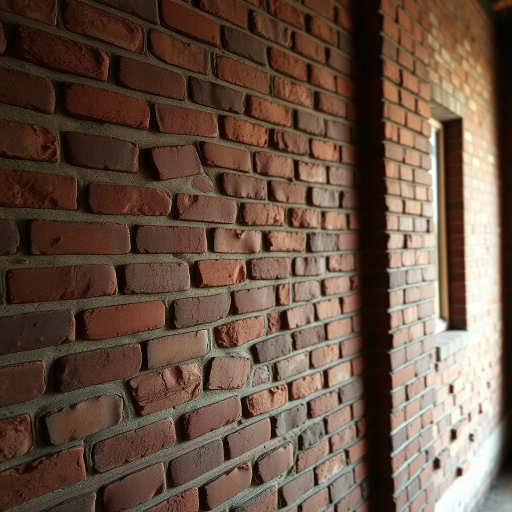 create an image of a rustic red brick wall with varied textures and colors, captured with a DSLR camera, 50mm lens, f/8 aperture, ISO 100, natural lighting from a side window, with a slight vignette effect for depth