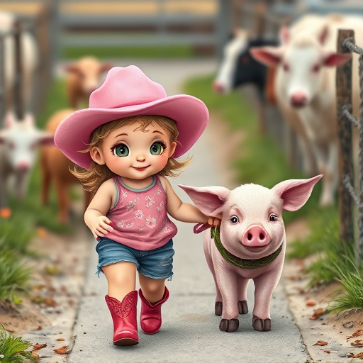 Create a glossy photorealistic airbrush alcohol ink chibi toddler with textured tousled blonde curly ringlets, wearing a pink floral tank top, distressed shorts, pink cowboy boots, pink cowboy hat. Smiling, She is walking her cute whimsical pet baby pig with slight smile and has a harness around it. They are walking down a path on a farm. There are other farm animals watching them as they walk.