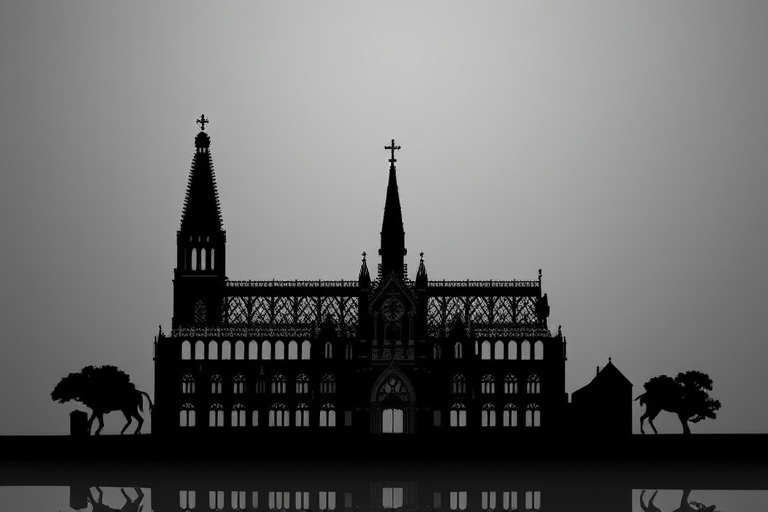 Create a high-resolution image of a stylized black silhouette of a gothic cathedral with intricate patterns, reflecting on a smooth gray surface, using a DSLR camera with a 50mm lens, aperture f/1.8, ISO 100, and a shallow depth of field for enhanced detail and clarity.