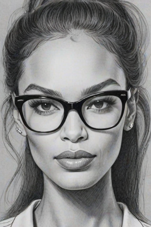 Delightful Joan Smalls, pencil sketch, portrait of Magnificent woman 1950s in glasses, hair style beatnik, outline, clear lines, fine lines, 8k
