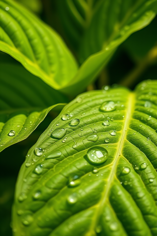 macro shot of large green leaves with water droplets, f/2.8 aperture, ISO 100, 1/200 sec shutter speed, natural sunlight, DSLR camera, high detail, focus on texture and droplets