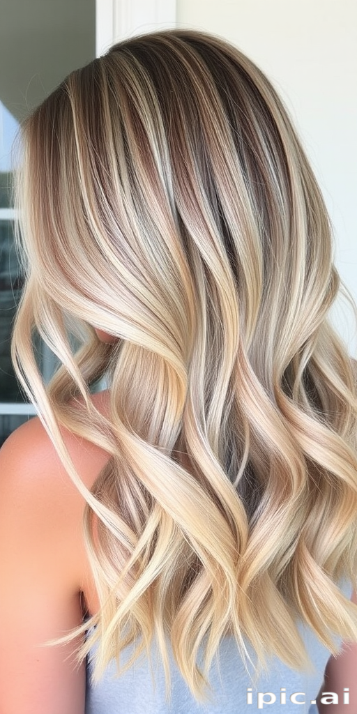Ash blonde balayage styled in textured beach waves with a deep side part, the Sandy Shore style radiates effortless chic and sun-kissed allure