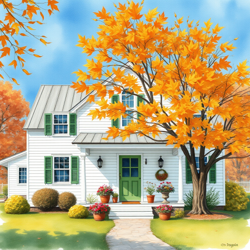 a white farmhouse with green shutters, vintage feel, blue sky, trees in autumn color, leaves slightly blowing in the breeze, colorful autumn flowers in pots on the front porch of the farmhouse, watercolor