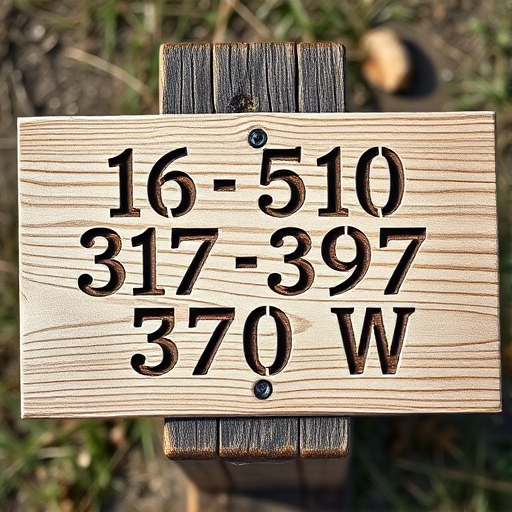 Create a wooden signpost with engraved text that reads "16 510 397 370 W" in a rustic style, captured with a Canon EOS 5D Mark IV at f/2.8, ISO 100, 50mm lens, natural light, top-down view for clarity and detail.