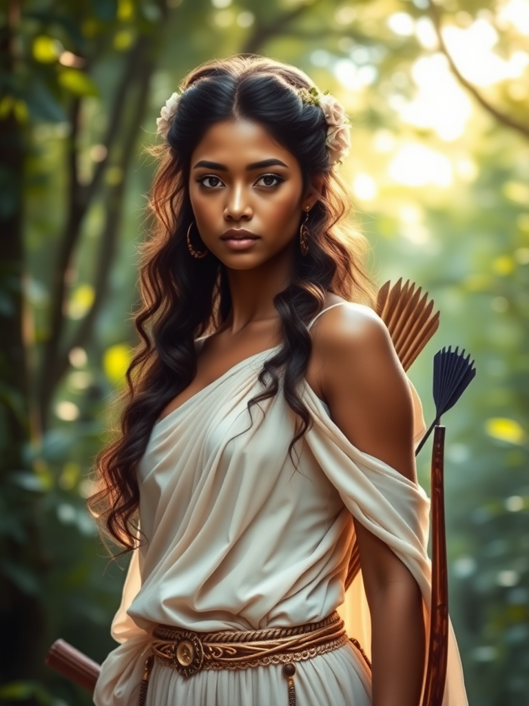 Create a portrait of a goddess-like Indo-Caribbean girl figure in a tranquil, forested environment. She has an elegant appearance with long, wavy hair styled in an updo and adorned with a delicate, floral headband. She wears a flowing, ancient Greek-inspired gown in a soft, pale color, featuring a one-shoulder design and draped fabric that accentuates her graceful form. The outfit includes a decorative belt with ornate gold detailing, and she holds a bow in her hand, with a quiver of arrows slung over her shoulder. The background depicts lush greenery, with sunlight filtering through the trees, casting a gentle, ethereal light on the scene. Her expression is calm and contemplative, embodying a sense of wisdom and serenity.