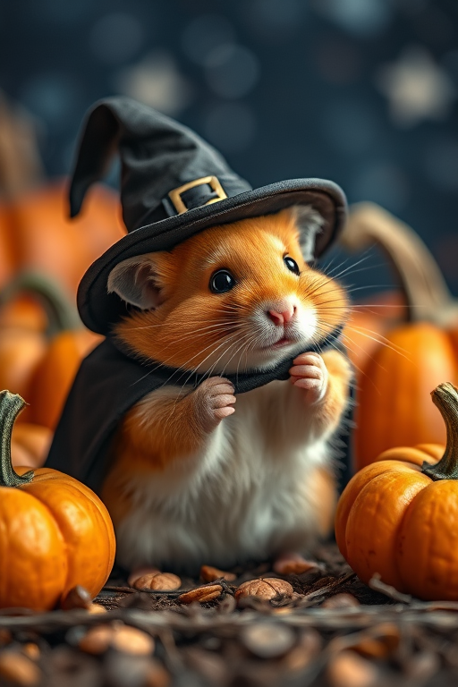 A whimsical scene featuring a hamster dressed in a witch's hat and cape, surrounded by pumpkins in a starry night setting, shot with a DSLR camera at f/2.8, ISO 100, 50mm lens, using a soft focus style and natural lighting to enhance image quality.
