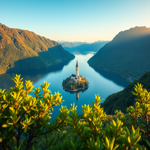 capture a breathtaking view of an island church on a clear blue lake surrounded by lush green mountains at sunrise, use a Canon EOS R5 with a 24-70mm f/2.8 lens, aperture set to f/8 for sharpness, ISO 100 for clarity, and shoot from a high vantage point with a slight tilt to emphasize the foreground foliage.