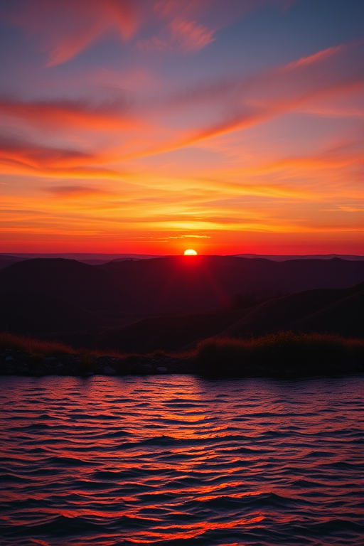 Generate a high-resolution image of a serene landscape featuring a vibrant sunset over rolling hills with a body of water in the foreground, captured with a DSLR camera at f/8 aperture, ISO 100, and a shutter speed of 1/125 sec, using a wide-angle lens from a low angle view for dramatic effect.