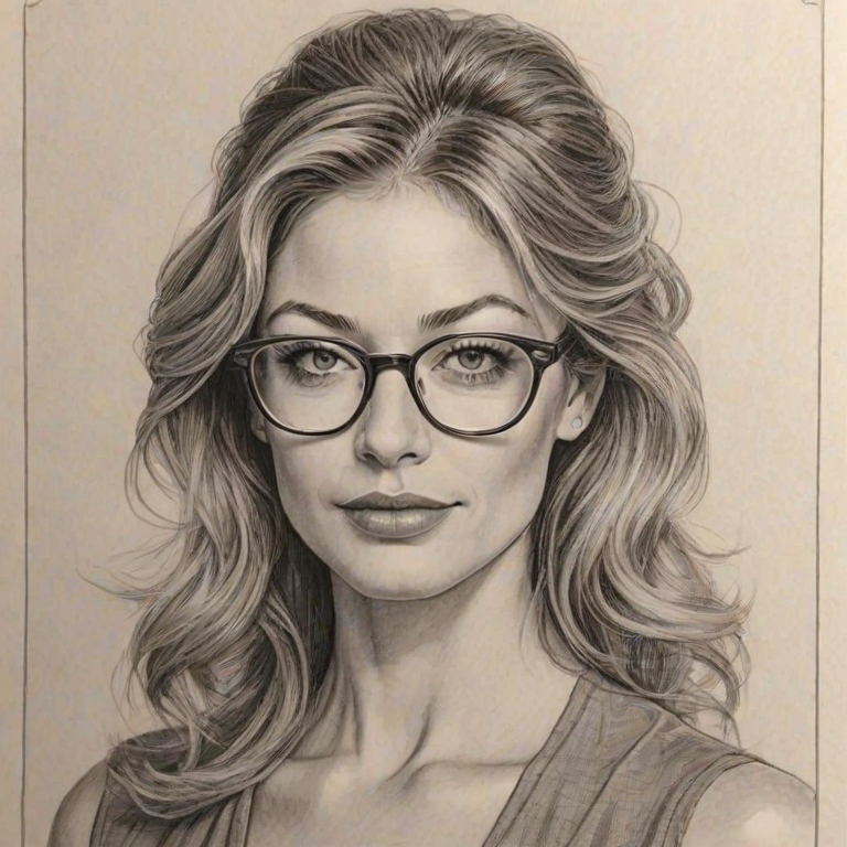 Ravishing Rebecca Gayheart, pencil sketch, portrait of Appealing woman 1976s in glasses, hair style beatnik, outline, clear lines, fine lines, 8k