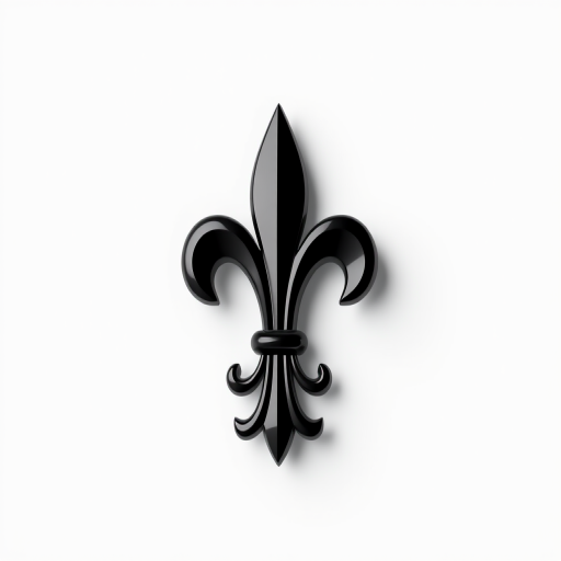 create a high-resolution 3D render of a black fleur-de-lis emblem with a glossy finish against a white background, use a 50mm lens, aperture f/8, ISO 100, and a 3-point lighting setup for enhanced depth and detail, shot with a DSLR camera.