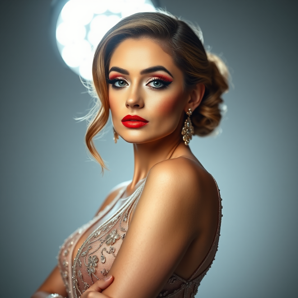 Studio portrait, female model, elegant couture dress, bold makeup, dramatic lighting, Utilize a 50mm portrait lens for crisp details and a soft background blur, 8k