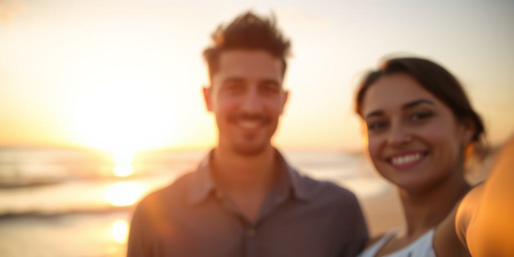 Blurry candid shot of a couple taking a selfie during a sunset at the beach, soft light reflecting on the water and a beautiful sunset creating a romantic backdrop.