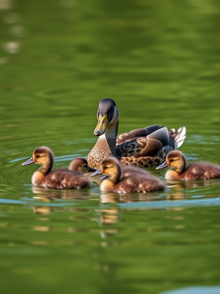 A mother duck swimming with her ducklings in calm green water, shallow depth of field, f-stop 2.8, ISO 200, shutter speed 1/1000s, captured from a low angle with a DSLR camera in natural light.