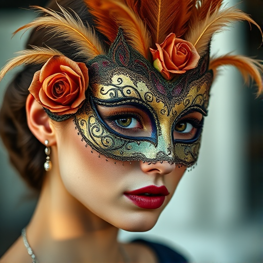A woman wearing an ornate masquerade mask adorned with feathers and roses, captured in soft focus, using a Canon EOS 5D Mark IV, 85mm lens, aperture f/1.8, ISO 100, natural lighting, and a shallow depth of field to emphasize facial details against a blurred background.