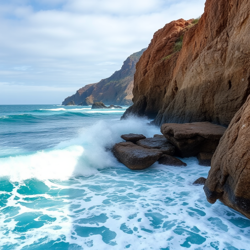 capture a vibrant seascape with crashing waves and rugged cliffs in the background, mid-afternoon lighting, wide-angle lens, aperture f/8, shutter speed 1/500s, ISO 200, DSLR camera