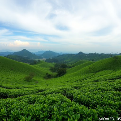 A lush green tea plantation landscape with rolling hills under a slightly cloudy sky, captured with a Canon EOS R5, aperture f/8, ISO 100, shutter speed 1/250s, wide-angle lens, panoramic view, vibrant colors and high detail.