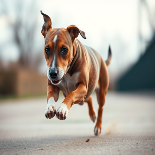 Create an image of a running dog with a sleek coat, captured in sharp detail using a DSLR camera with a 50mm lens, aperture f/1.8, ISO 100, focused on the dog in a low-angle view to enhance dynamism and motion, with vibrant colors for clarity and impact.
