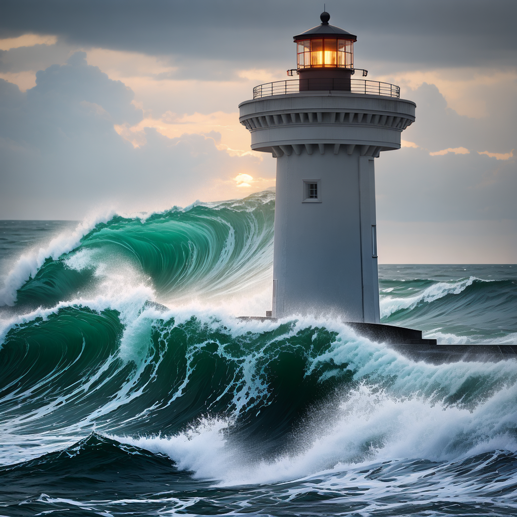 A picture of a lighthouse at storming sea.