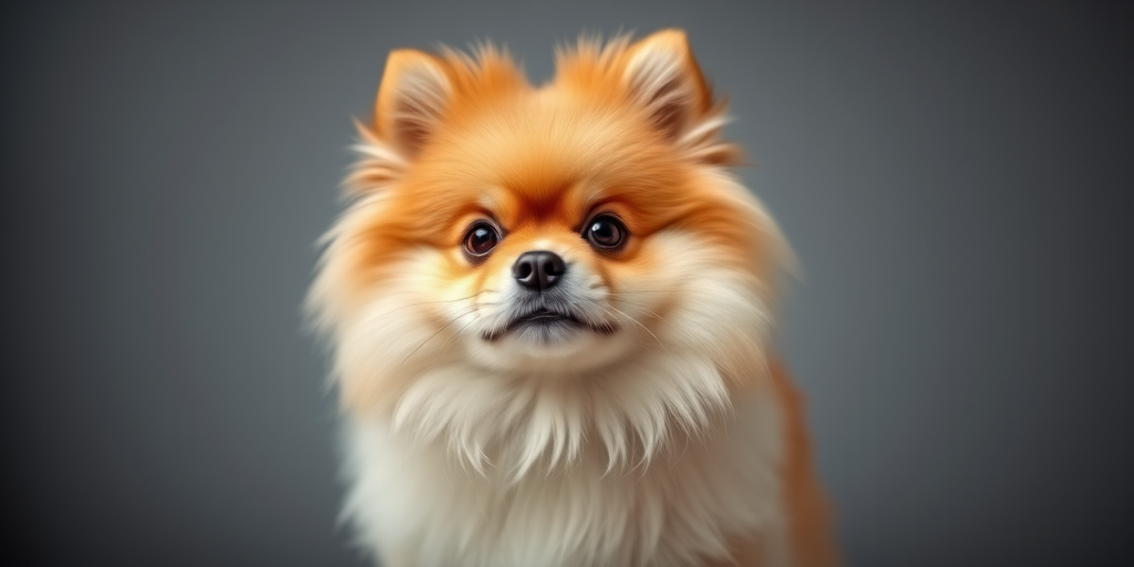 high-quality portrait of a fluffy Pomeranian dog with soft focus background, studio lighting, aperture f/2.8, ISO 100, 85mm lens, Canon DSLR, front view, natural pose