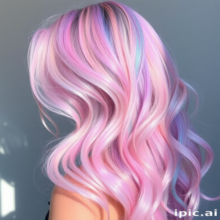 Iridescent opal-inspired hair featuring a blend of pastel hues that shift in the light, styled in mermaid waves for an ethereal "Mystic Prism" effect