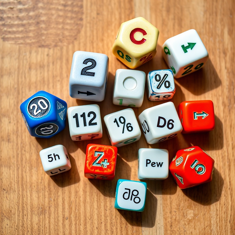 Create a high-resolution image of various dice including a D20, D12, D10, D8, D6, D4, and percentile dice, captured with a Canon EOS R5, 50mm lens, f/2.8 aperture, ISO 100, and shot in natural light from an overhead angle.