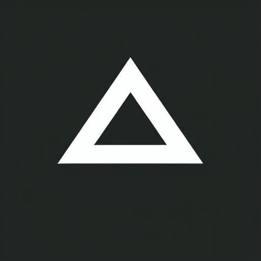 Create a high-contrast monochromatic illustration of a triangular arrow symbol, using a DSLR camera with a focal length of 50mm, aperture set at f/5.6, ISO 100, and shot from a top-down view to enhance clarity and sharpness.