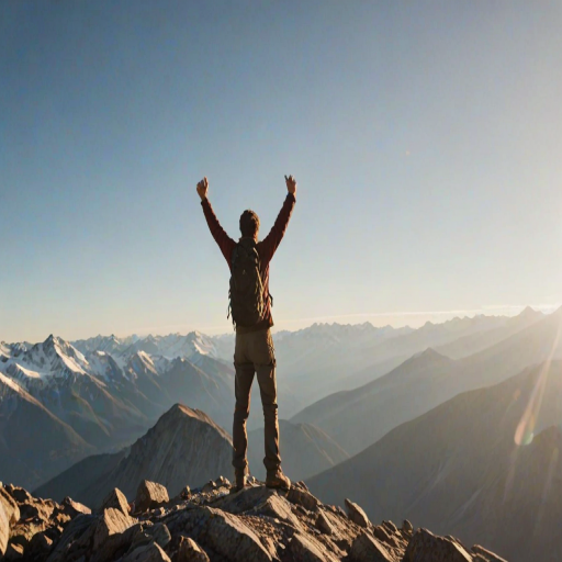 Blurry action shot of a hiker reaching the summit of a mountain, arms raised in victory, soft focus on the distant peaks, soft light from the early morning sun casting long shadows, and the feeling of accomplishment and freedom.