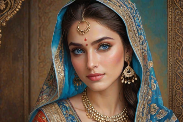 Create a portrait of a beautiful Pakistani woman with striking blue eyes and a gentle expression. She is adorned in traditional attire with intricate patterns, including a richly embroidered headscarf and matching garments. Her jewelry includes a delicate headpiece, dangling earrings, and ornate bracelets, all featuring vibrant gemstones and detailed metalwork. The background is soft and warm, enhancing the rich colors of her outfit and jewelry.