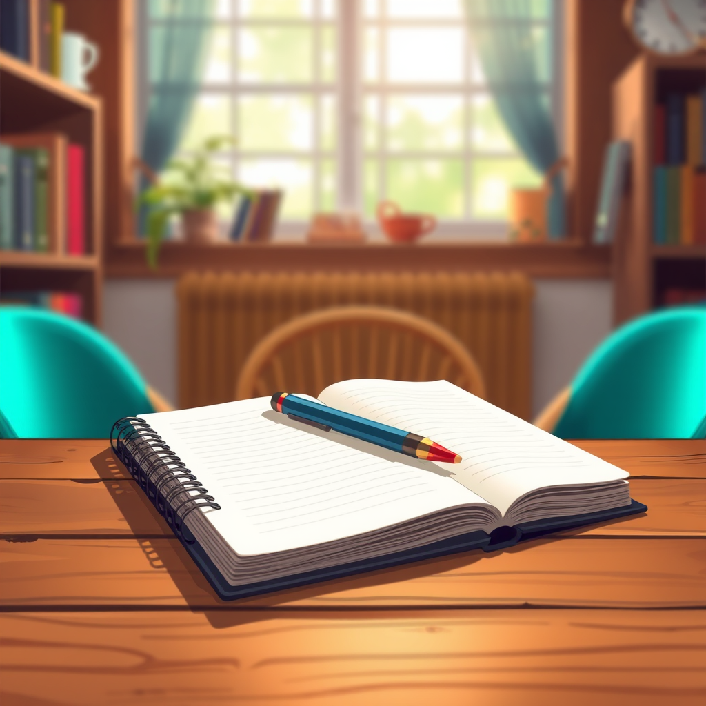 Create a highly detailed and vibrant illustration of a closed notebook lying on a wooden table with a soft-focus background, using a DSLR camera with an aperture of f/2.8, ISO 100, and a focal length of 50mm, shot from a high angle for depth.