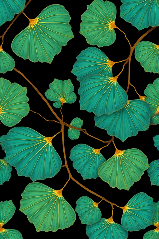 high-resolution botanical illustration of ginkgo leaves in a seamless pattern, vibrant teal leaves with gold outlines on a deep black background, shot with a Canon EOS R5 at f/8, ISO 100, 50mm lens, using high dynamic range imaging for enhanced detail and color depth