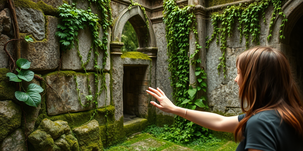 Ancient ruin overgrown with vines and moss, a woman exploring the site, her hand gently brushing the worn stone as she marvels at the history.