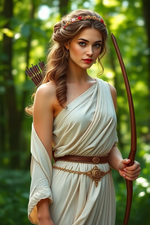 Create a portrait of a goddess-like female figure in a tranquil, forested environment. She has an elegant appearance with long, wavy hair styled in an updo and adorned with a delicate, floral headband. She wears a flowing, ancient Greek-inspired gown in a soft, pale color, featuring a one-shoulder design and draped fabric that accentuates her graceful form. The outfit includes a decorative belt with ornate gold detailing, and she holds a bow in her hand, with a quiver of arrows slung over her shoulder. The background depicts lush greenery, with sunlight filtering through the trees, casting a gentle, ethereal light on the scene. Her expression is calm and contemplative, embodying a sense of wisdom and serenity.
