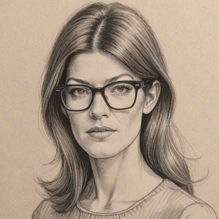 Appealing Jennifer Carpenter, pencil sketch, portrait of Bewitching woman 1961s in glasses, hair style beatnik, outline, clear lines, fine lines, 8k