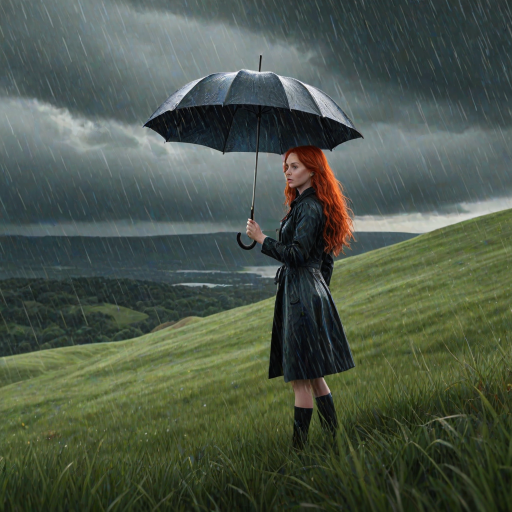 A surreal hand-drawn digital artwork depicting a mysterious red-haired woman standing on a grassy hill under the rain. She holds an umbrella crafted from iridescent zircon, its vibrant sheen contrasting with the soft, rainy atmosphere. The scene feels dreamlike, blending the natural elements of the hill and rain with the otherworldly shimmer of the umbrella.