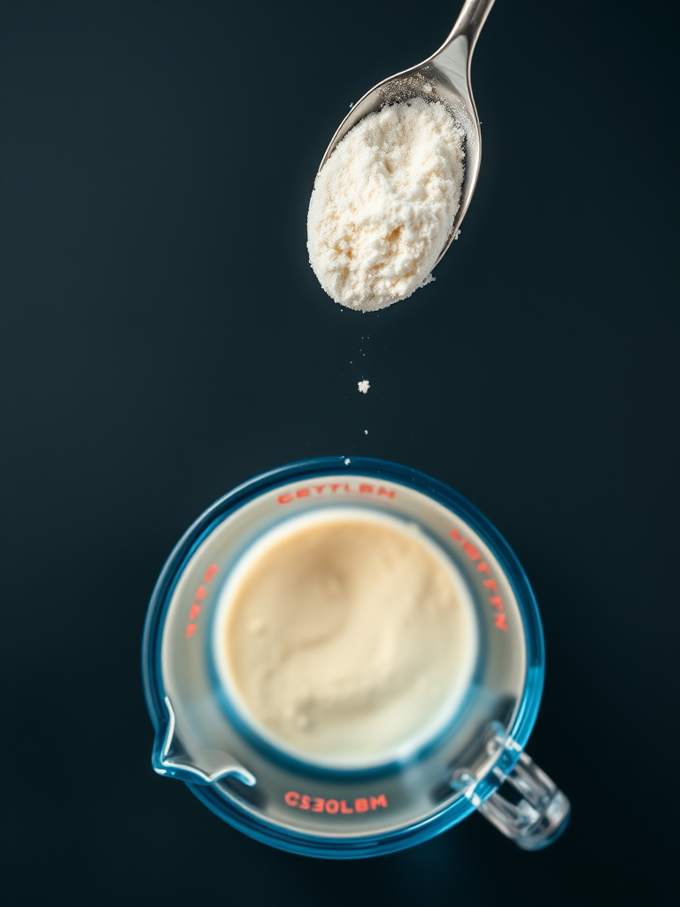 Create a high-resolution illustration of a spoonful of white powder above a clear measuring cup with a light beige powder in it and a separate measuring cup with blue liquid, shot with a DSLR camera at 50mm, f/1.8 aperture, ISO 100, natural lighting, top-down view.