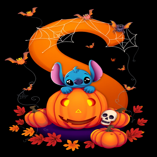 A whimsical and vibrant Halloween-themed digital illustration featuring the letter "S" adorned with spider webs, small bats, and cute spiders. At the base of the letter, a playful alien character similar to Stitch is peeking out from inside a carved pumpkin with glowing eyes, surrounded by additional pumpkins, a small skull, and autumn leaves. The letter is gradient-colored from orange to purple, adding a magical atmosphere to the scene, black background
