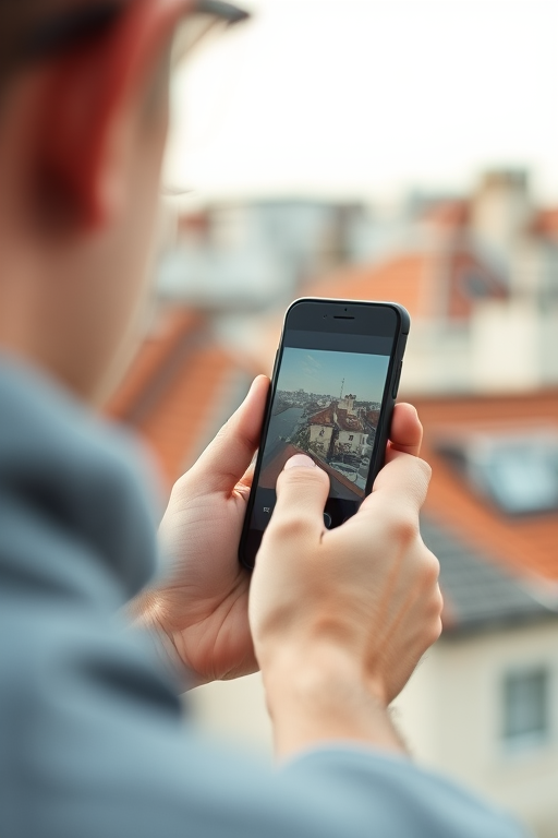 Create an image of a person holding a smartphone outdoors with a blurred background of rooftops, using a wide aperture of f/2.8, shutter speed of 1/200s, ISO 100, 35mm lens, soft natural lighting, and a shallow depth of field to enhance the focus on the phone.