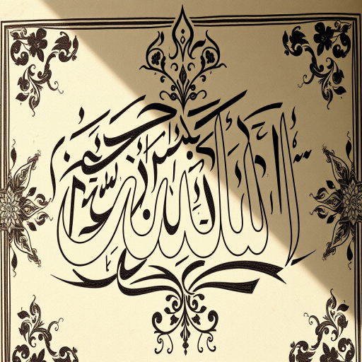 Create a high-resolution image of Arabic calligraphy featuring the word "Allah" with intricate patterns and textures, using a 50mm lens, f/1.8 aperture, 1/200s shutter speed, and shot from a top-down view in natural light on a DSLR camera.