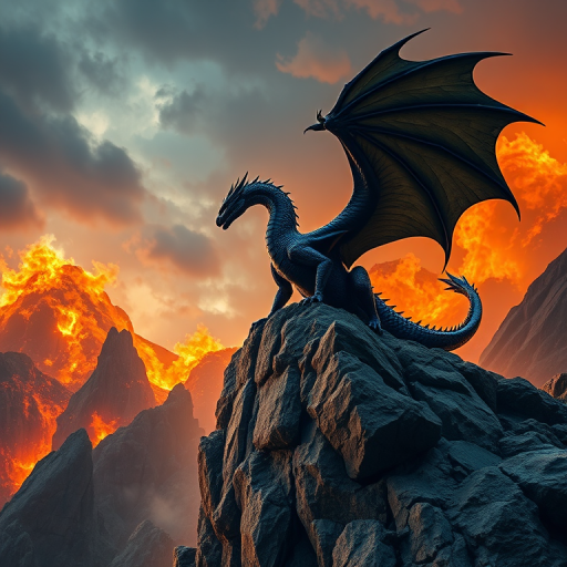 Create a highly detailed and dynamic fantasy dragon scene with a black dragon perched on a rocky cliff, wings spread wide, amid a fiery background with stormy skies, using a Canon EOS 5D Mark IV with a 24-70mm f/2.8 lens at ISO 400, f/8 aperture, 1/1000s shutter speed, shot from a low angle to emphasize its grandeur and power, ensuring vibrant colors and sharp focus throughout the composition.