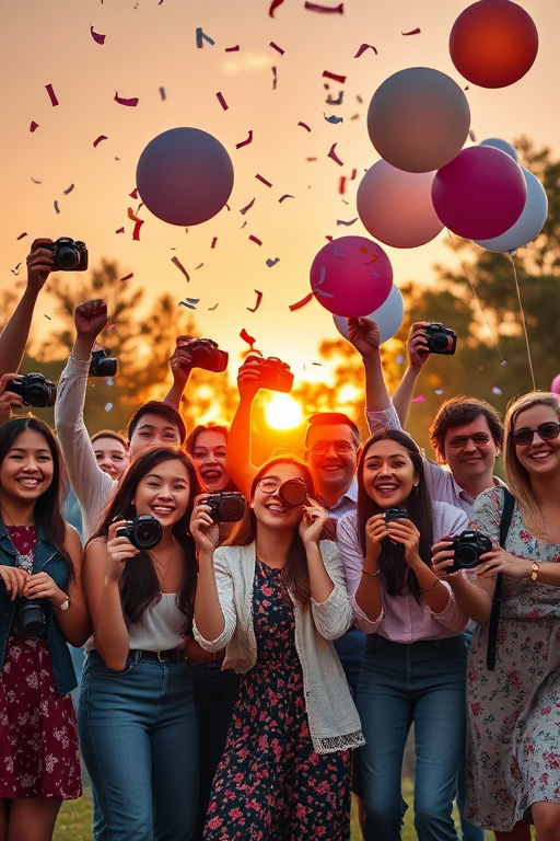 Create an outdoor group photo of diverse people joyfully holding cameras with confetti and balloons in the air during sunset, captured with a Canon EOS R6, 50mm f/1.8 lens, aperture f/2.8, ISO 100, shutter speed 1/200s, in a warm, soft focus style.