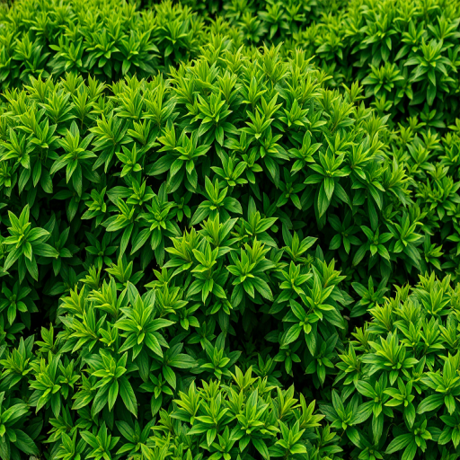 generate a detailed illustration of lush green bushes with varying shades of foliage, use a DSLR camera with a 50mm lens, aperture set to f/8 for sharpness, ISO 200 for low noise, and a slight depth of field to enhance texture and detail in the greenery, capture from a slightly elevated angle to showcase the bush's volume and form