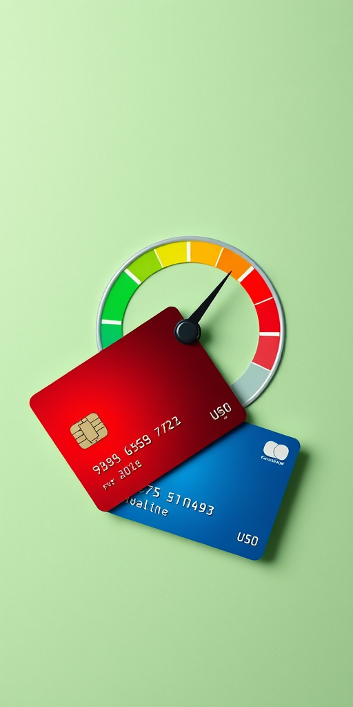 Create an illustration of two credit cards placed on a soft green background, focusing on a colorful speedometer to indicate financial health, using a Canon EOS R camera, f/4 aperture, ISO 200, 50mm lens, top-down view, digital art style.