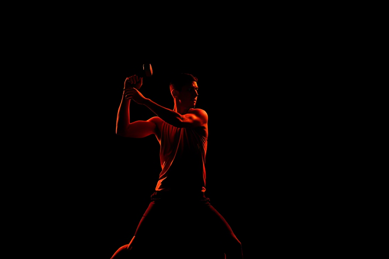 Create a dynamic silhouette of a male athlete throwing a hammer in vibrant orange against a contrasting dark background, captured with a Canon EOS R5, 50mm lens, f/1.8 aperture, ISO 100, 1/500 sec shutter speed for sharp detail and rich color contrast.