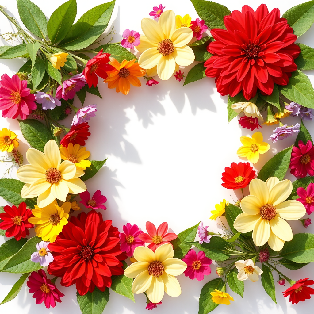 Floral frame design with colorful flowers and leaves surrounding a blank square in a vibrant, cheerful style, captured with a Canon EOS R5, 50mm lens, f/1.8 aperture, ISO 100, in bright natural lighting.