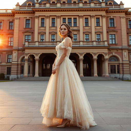 An elegant woman, dressed in a vintage gown, stands in front of a grand, historic building. The setting sun casts a warm, golden light on her