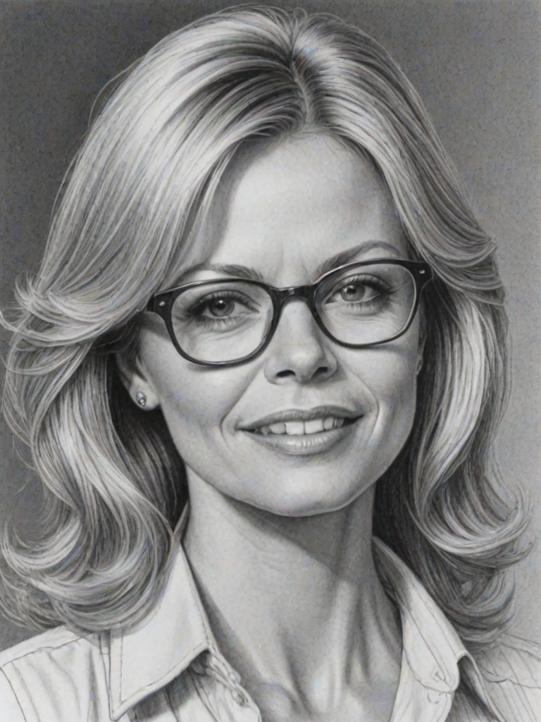 Wonderful Faith Ford, pencil sketch, portrait of Radiant woman 1974s in glasses, hair style beatnik, outline, clear lines, fine lines, 8k
