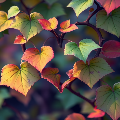 Create a vibrant illustration of a heart-shaped vine with leaves, using a high-resolution digital art style, shot from a close-up perspective with a Canon EOS R5, f/2.8 aperture, ISO 100, and a 50mm lens to enhance detail and color saturation.
