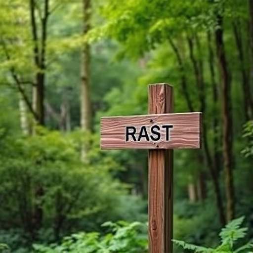 Regenerate the image of a signpost in a lush green forest, with vibrant foliage, using a DSLR camera, aperture f/2.8, ISO 100, 50mm lens, natural light, shallow depth of field, and a soft focus on the background for enhanced image quality.